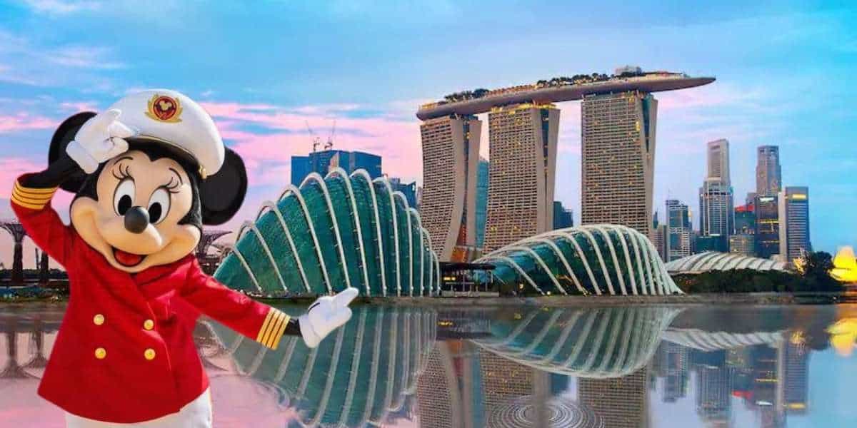 Minnie Mouse, dressed as a cruise captain, greets fans in front of the iconic Marina Bay Sands and Gardens by the Bay to celebrate Disney Cruise Line’s debut in Singapore.
