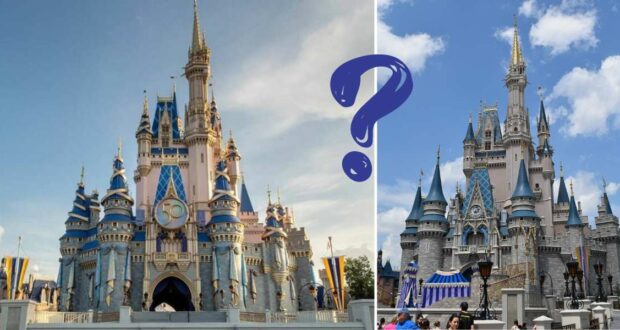 Side-by-side images of Cinderella Castle at Disney, each featuring a distinct castle color scheme, separated by a bold purple question mark—inviting fans to compare magical makeovers.
