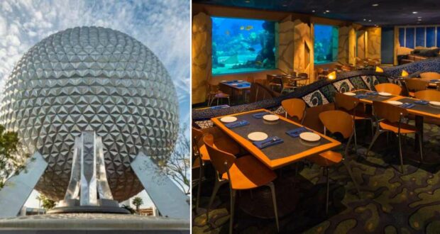 Spaceship Earth rises against the sky at EPCOT, while inside, the Coral Reef Restaurant invites guests to dine beside enormous aquariums teeming with colorful fish and marine creatures.