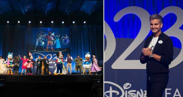 Beloved Disney characters take the stage alongside fans as an enthusiastic attendee beams in front of the giant “D23” sign at Destination D23, one of Disney’s premier fan events.