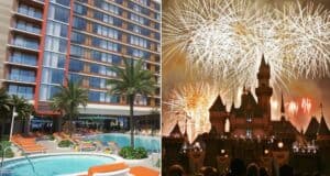 Relax by the sparkling pool lined with palm trees at the Disneyland Hotel, then catch the dazzling fireworks above Sleeping Beauty Castle and nearby villas, all capturing the ultimate Disney magic.