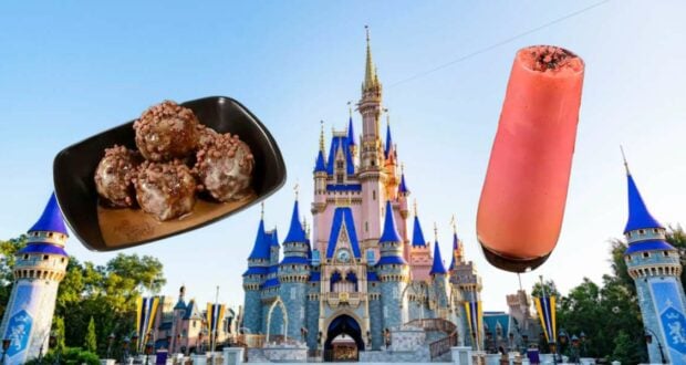 Cinderella Castle shines in the background as Energy Bytes’ signature floating chocolate dessert and vibrant pink slushy take center stage at Magic Kingdom, all in the bright daylight.