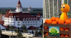 Disney’s Grand Floridian Resort & Spa with a sleek monorail gliding past its iconic Victorian architecture; a crate of fresh oranges and the beloved Orange Bird statue create a whimsical, festival-like scene reminiscent of the resort’s famous Easter Eggs displays.