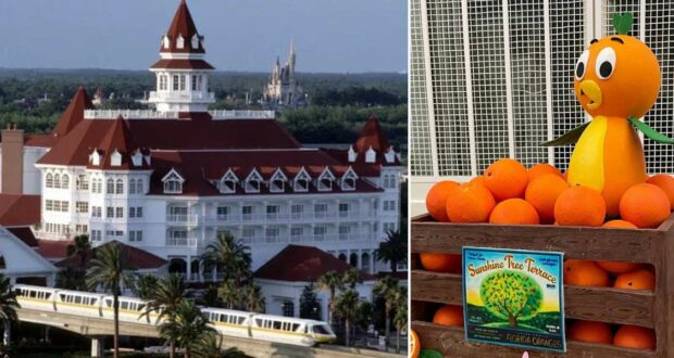 Disney’s Grand Floridian Resort & Spa with a sleek monorail gliding past its iconic Victorian architecture; a crate of fresh oranges and the beloved Orange Bird statue create a whimsical, festival-like scene reminiscent of the resort’s famous Easter Eggs displays.