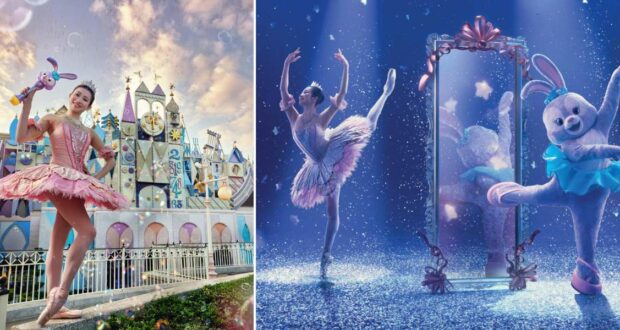 StellaLou poses as a graceful ballerina outside her whimsical castle, while onstage, she dances alongside her bunny friend and a grand mirror, bringing the magical ambiance of StellaLou’s Wonderful Wishes Ballet to life for theme park guests.