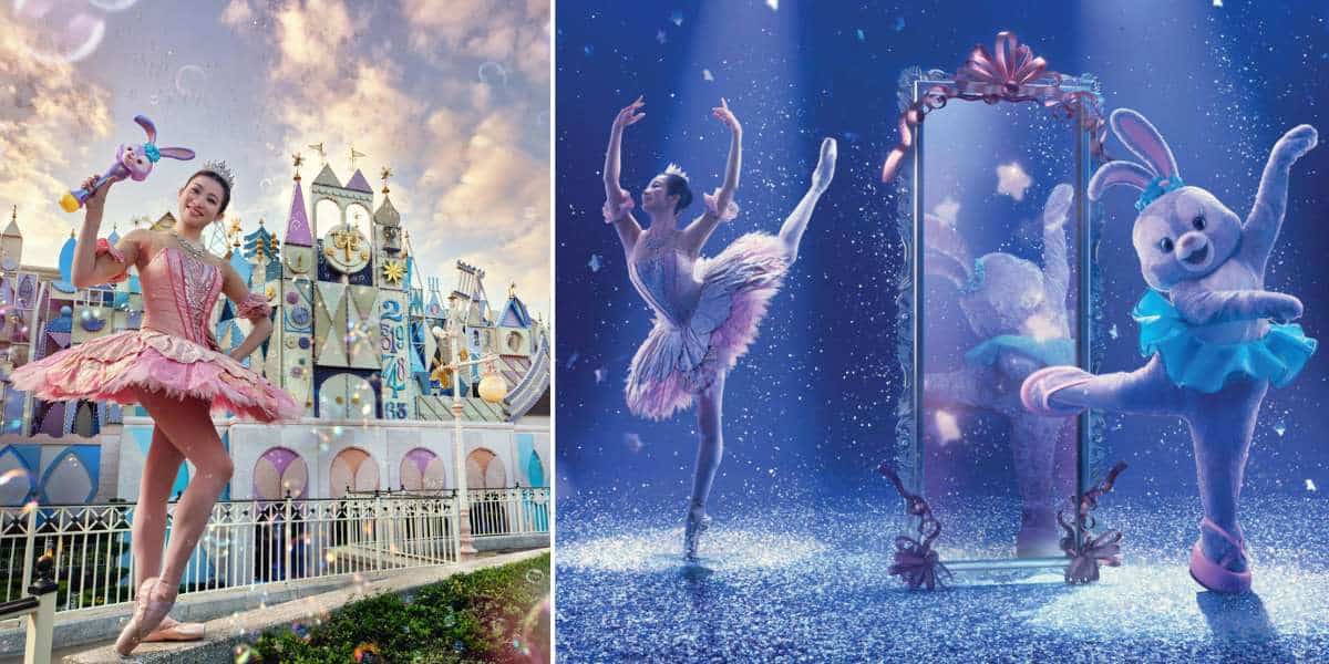 StellaLou poses as a graceful ballerina outside her whimsical castle, while onstage, she dances alongside her bunny friend and a grand mirror, bringing the magical ambiance of StellaLou’s Wonderful Wishes Ballet to life for theme park guests.