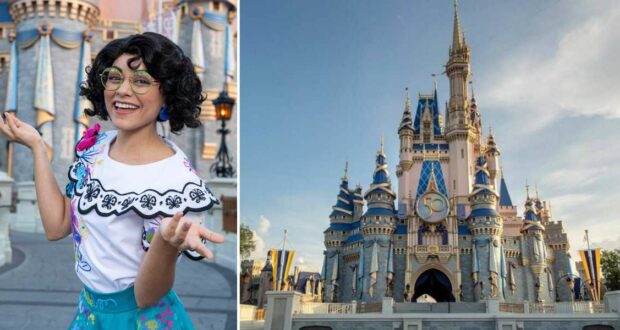 Mirabel greets guests with a bright smile in front of Cinderella Castle, which shines beneath a clear blue sky at Disney World—a magical meet and greet experience for fans.