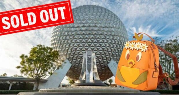 Orange Bird backpack on display in front of Epcot’s iconic Spaceship Earth, with a bold "SOLD OUT" stamp at the top left—highlighting how hot Disney Parks merchandise vanishes quickly due to eager resellers.