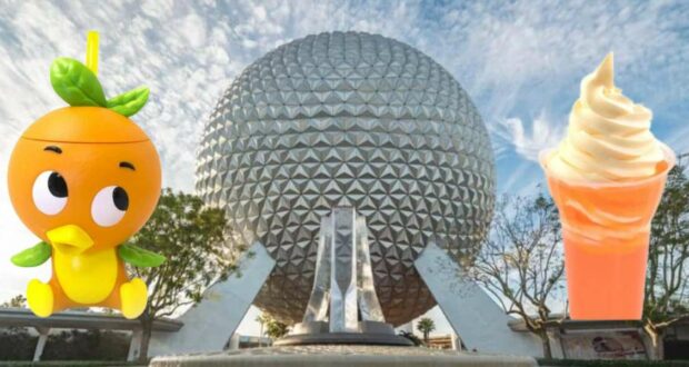 Spaceship Earth at Epcot showcased with a playful Disney Orange Bird Sipper on the left and a refreshing orange float on the right.