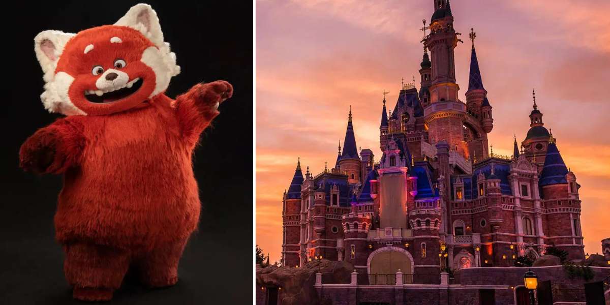 Red Panda Mei from Disney stands beside a vibrant castle backdrop at sunset, the sky painted in brilliant colors—capturing the magic of a theme park evening.