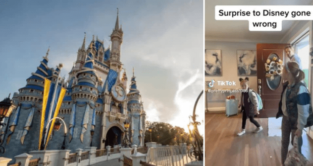 Cinderella Castle at Disney World with a family walking into their hotel room looking shocked, overlaid with the text: "Surprise Disney vacation gone wrong.