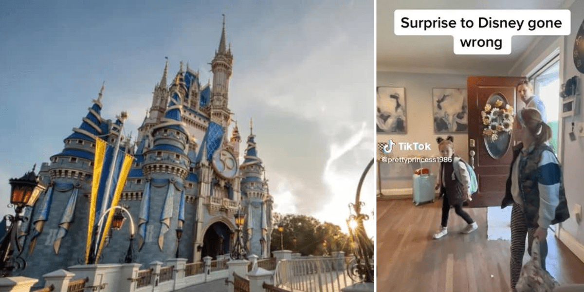 Cinderella Castle at Disney World with a family walking into their hotel room looking shocked, overlaid with the text: "Surprise Disney vacation gone wrong.