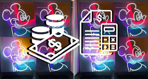 Vibrant neon artwork of Mickey Mouse, with crisp white icons—a stack of money on the left and a calculator on the right—capturing the excitement of Disney vacations and smart savings at Disney parks.