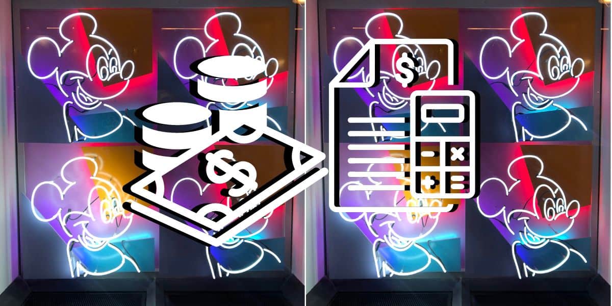 Vibrant neon artwork of Mickey Mouse, with crisp white icons—a stack of money on the left and a calculator on the right—capturing the excitement of Disney vacations and smart savings at Disney parks.