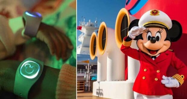 DisneyBand+ wristbands glowing on guests’ wrists as Minnie Mouse, dressed in her red captain outfit, gives a cheerful salute aboard a Disney Cruise Line ship.