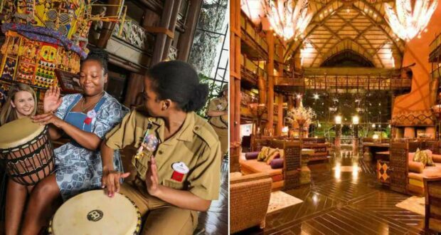 Guests enjoy an interactive drum session led by Cast Members in the lively, golden-hued lobby of Disney’s Animal Kingdom Lodge, surrounded by African-inspired décor as Cultural Representatives share authentic stories and traditions.