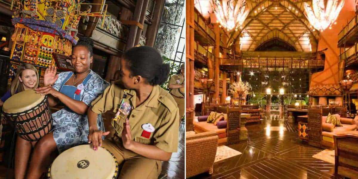 Guests enjoy an interactive drum session led by Cast Members in the lively, golden-hued lobby of Disney’s Animal Kingdom Lodge, surrounded by African-inspired décor as Cultural Representatives share authentic stories and traditions.
