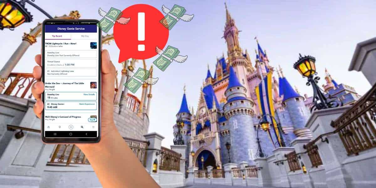 Disney Genie+ app displayed on a smartphone outside Cinderella Castle, with dollar bills floating in the air and an exclamation mark signifying excitement.