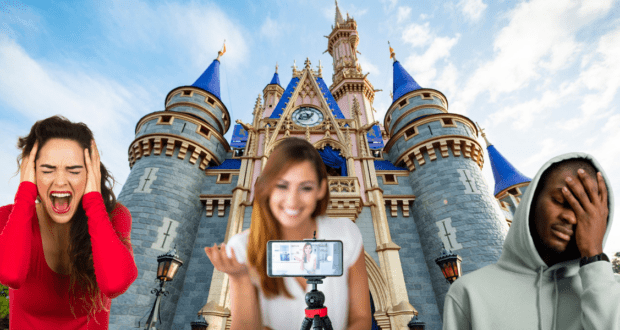 disney castle with frustrated and stressed visitors at disney park