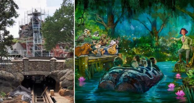 Splash Mountain construction with Tiana's Bayou Adventure concept art