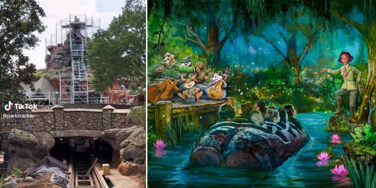 Splash Mountain construction with Tiana's Bayou Adventure concept art