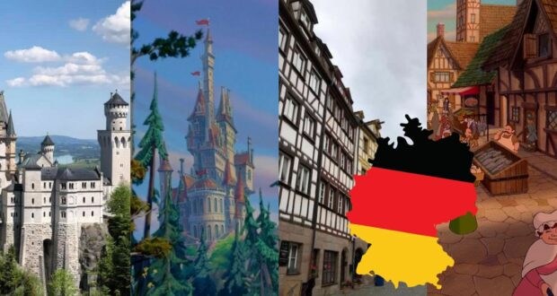 Split image: Left half shows Neuschwanstein Castle and timber-framed buildings in Germany. Right half features animated castles and magical village scenes, perfect for planning a Disney-inspired trip to Germany. A map of Germany with its flag overlays the center.