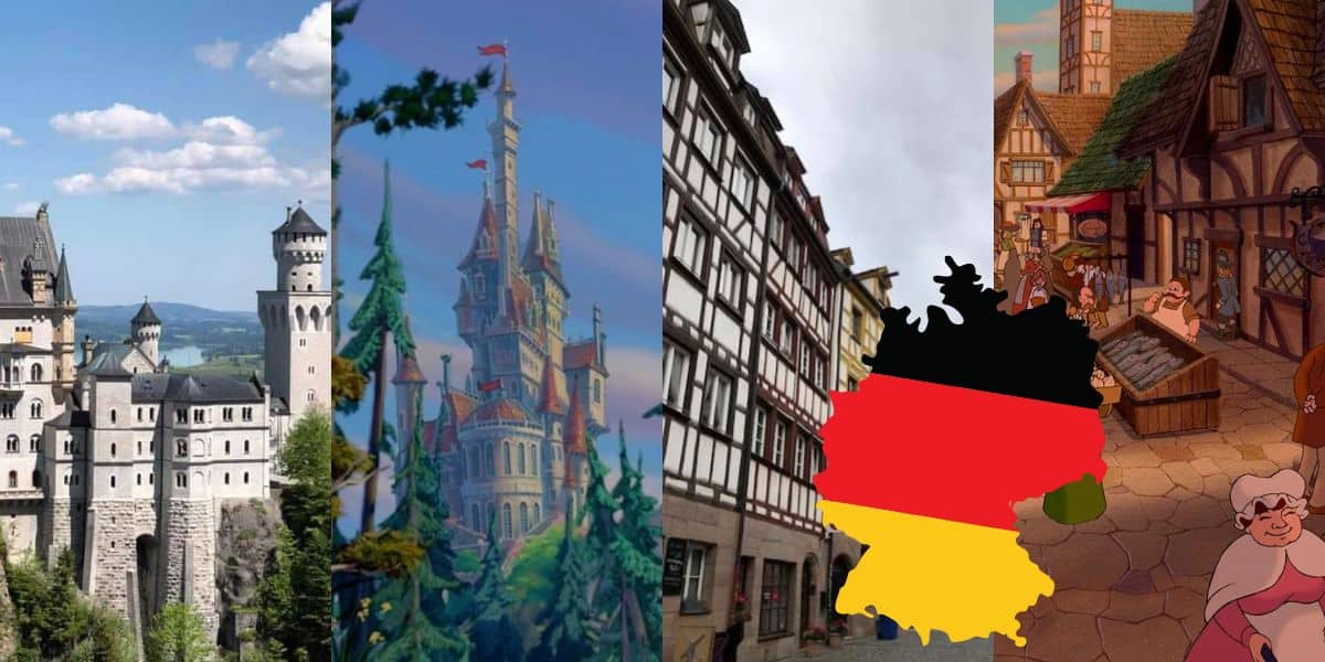 Split image: Left half shows Neuschwanstein Castle and timber-framed buildings in Germany. Right half features animated castles and magical village scenes, perfect for planning a Disney-inspired trip to Germany. A map of Germany with its flag overlays the center.