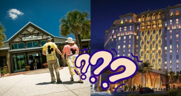 A couple in matching mouse ear outfits strolls toward a welcome center under a bright blue sky. Next to them, an image of an illuminated hotel at night emerges with question marks, hinting at the mystery of what park Disney Springs is closest to.