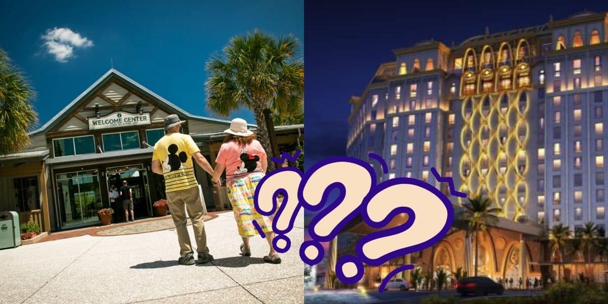 A couple in matching mouse ear outfits strolls toward a welcome center under a bright blue sky. Next to them, an image of an illuminated hotel at night emerges with question marks, hinting at the mystery of what park Disney Springs is closest to.