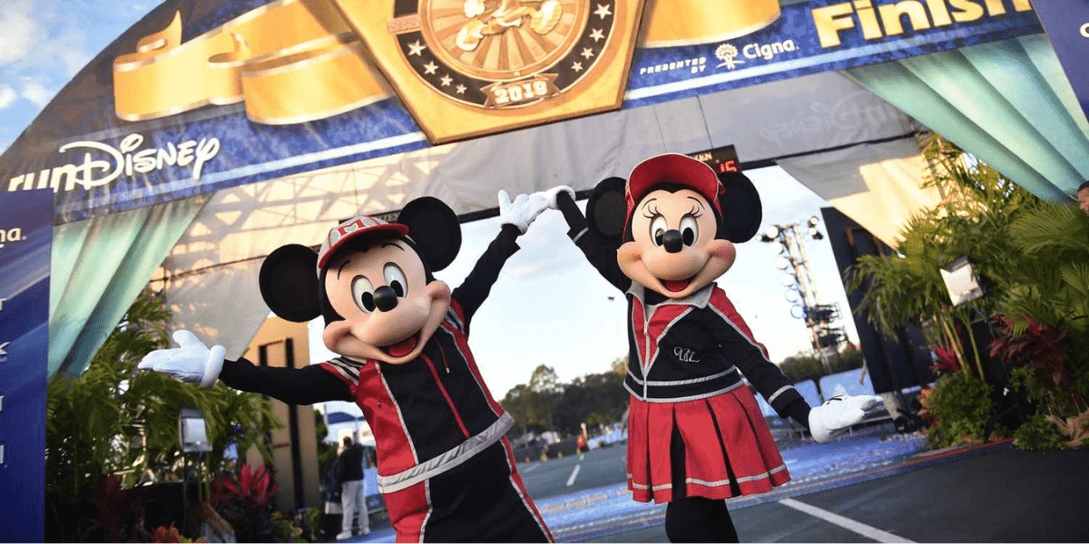 runDisney finish line with Mickey and Minnie