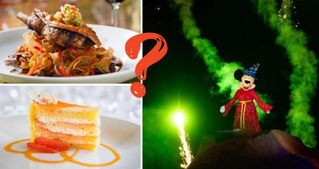Grilled chicken and a slice of cake sit alongside Mickey Mouse in his red robe, with dazzling fireworks in the background. A bold red question mark separates the delicious dishes from Mickey, capturing the excitement and wonder of the Fantasmic! Dining Package at Disney World.