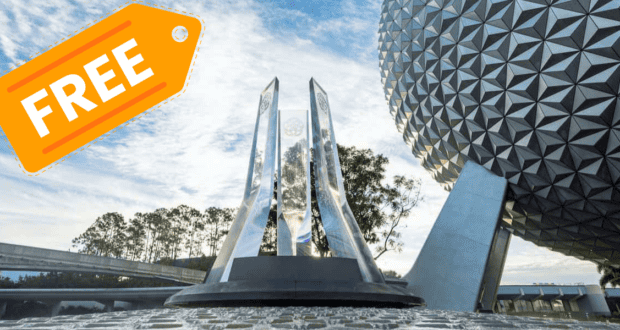 EPCOT entrance monument with a bold "FREE" tag in the corner, featuring Spaceship Earth and a bright sky—an ideal photo spot for fans ready to start their Tea Tour EPCOT adventure.