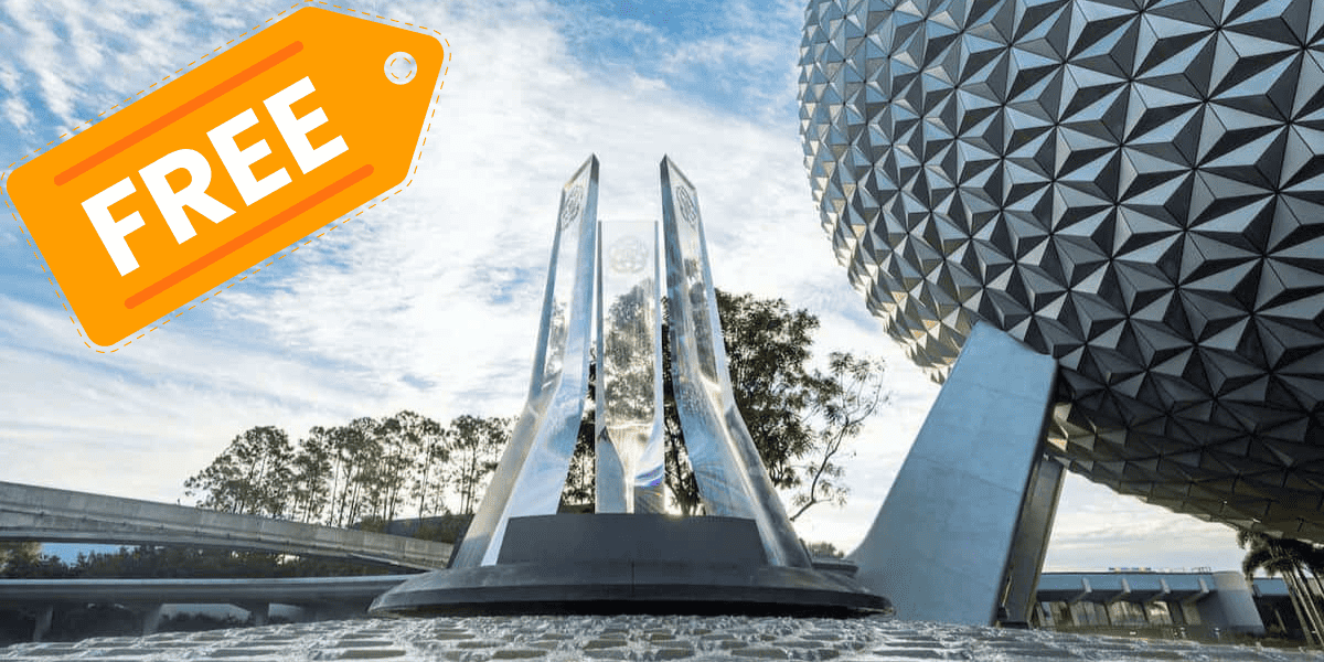 EPCOT entrance monument with a bold "FREE" tag in the corner, featuring Spaceship Earth and a bright sky—an ideal photo spot for fans ready to start their Tea Tour EPCOT adventure.