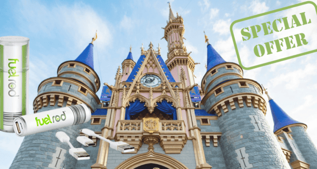 FuelRod Disney chargers and cables displayed in front of Cinderella Castle, with a bold green "SPECIAL OFFER" stamp in the corner.