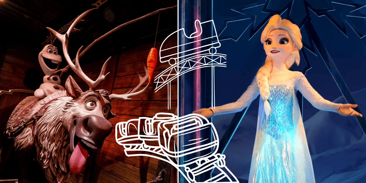 Sven and Olaf appear on the left, Elsa on the right, with a graphic of Wandering Oaken's Sliding Sleighs roller coaster and snowflake motifs dividing the scene—evoking Disneyland's Frozen-themed attraction ambiance.