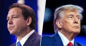Two executives in formal attire face opposite directions in profile, divided by a bold white stripe, their serious expressions capturing the high-stakes clash between Disney leadership and political figures like DeSantis and Trump—a dramatic standoff echoing through the Walt Disney Company narrative.