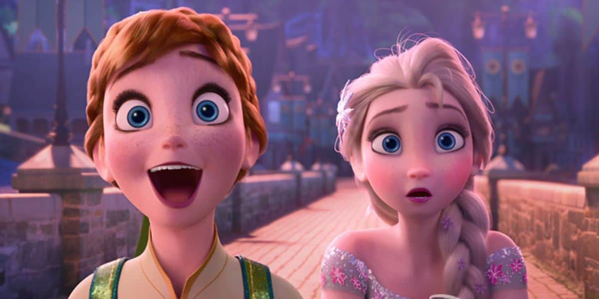 Two animated characters, reminiscent of classic Disney films in theaters, grace the scene with expressive faces. On the left, a character with short light brown hair and freckles beams widely, while on the right, their counterpart with long white hair looks surprised beneath a canopy of flags over a cobblestone path.
