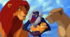 Simba and Nala with Rafiki and their new-born in 'The Lion King'