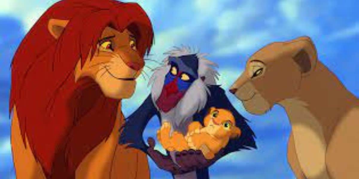 Simba and Nala with Rafiki and their new-born in 'The Lion King'