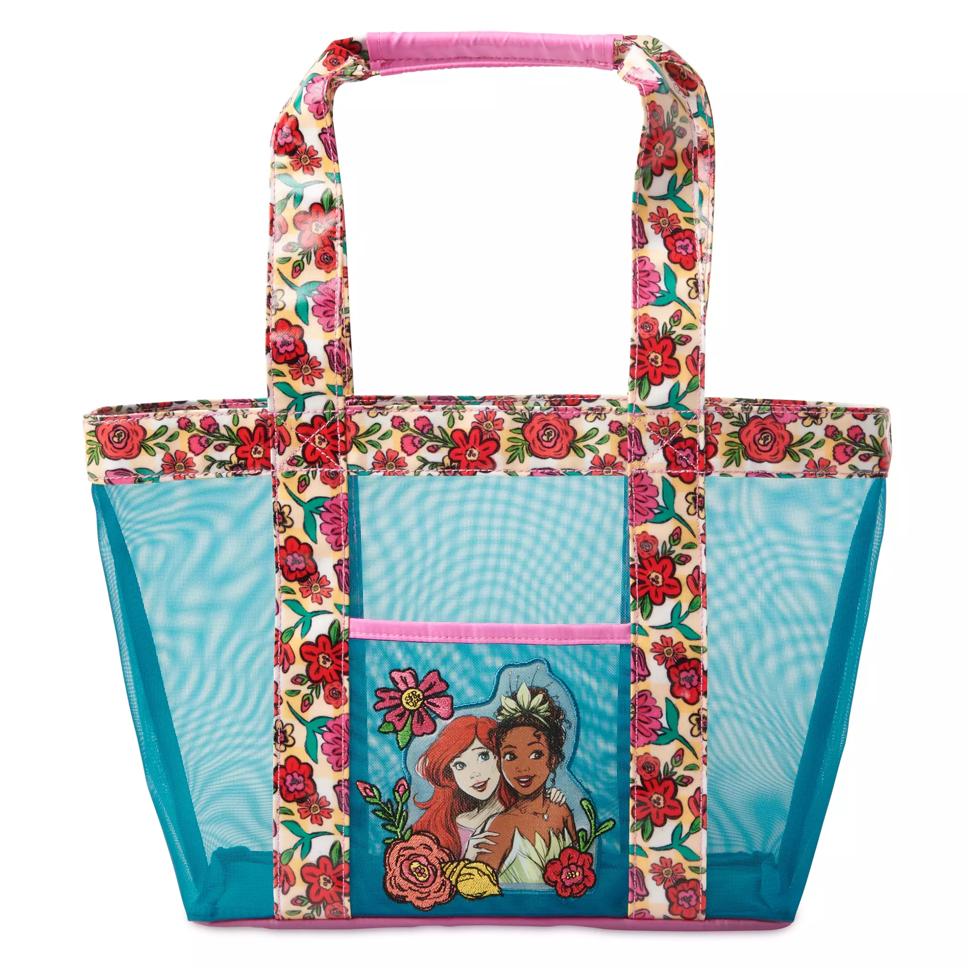 Blue mesh tote bag with floral handles, showcasing two beloved Disney princesses and vibrant flowers on the front pocket—a whimsical souvenir for fans of magical adventures at the parks.