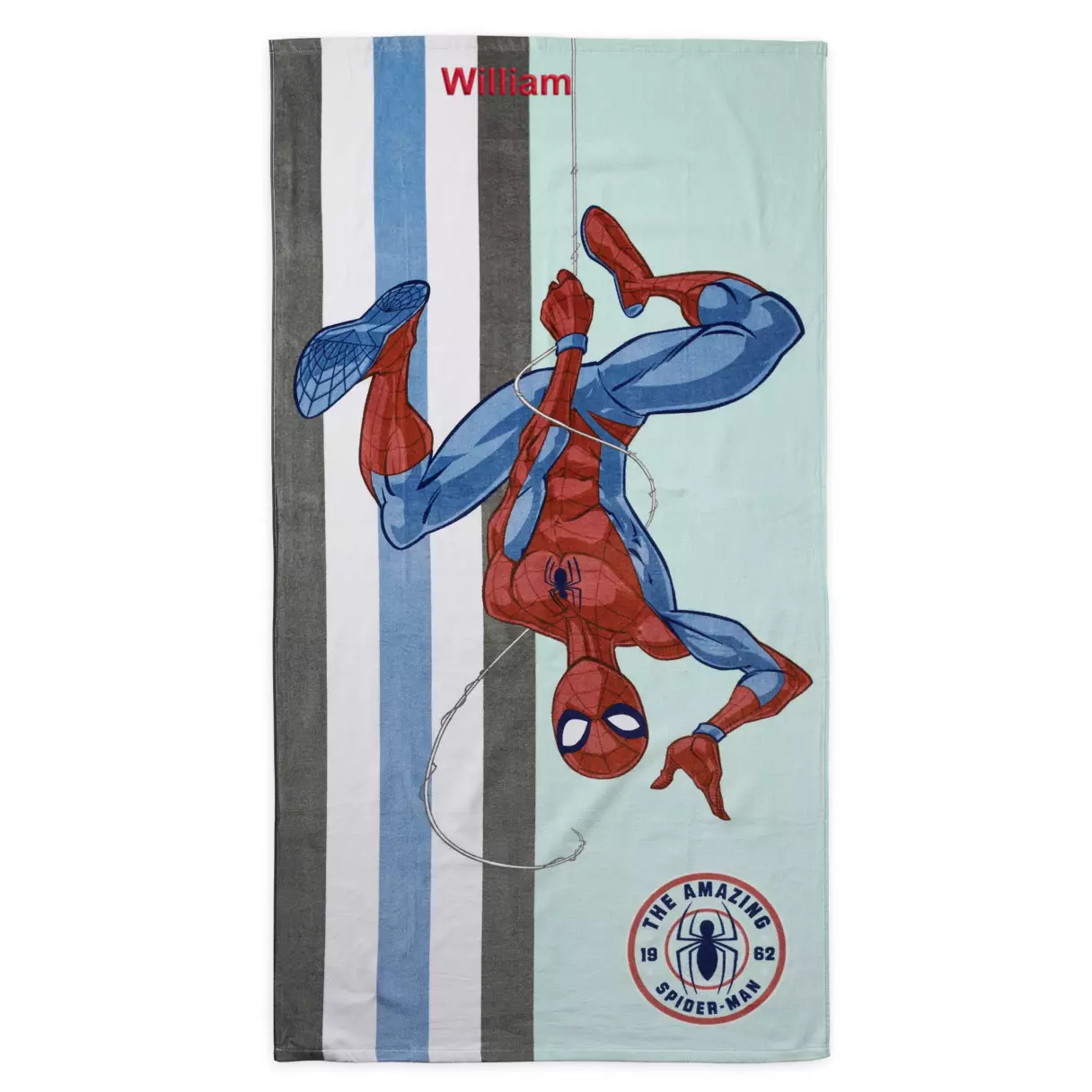 Spider-Man swings across this vibrant towel, accented with dynamic stripes and the personalized name William at the top—a perfect souvenir for Marvel fans visiting Disney Parks looking to bring home a bit of superhero excitement.