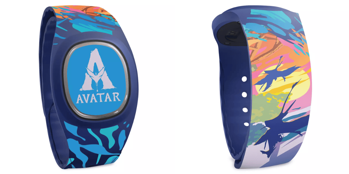 Two blue wristbands adorned with vibrant Avatar-inspired artwork and the Avatar logo, exclusively designed for Disney Parks visitors wanting to show off their fandom with collectible park merchandise.