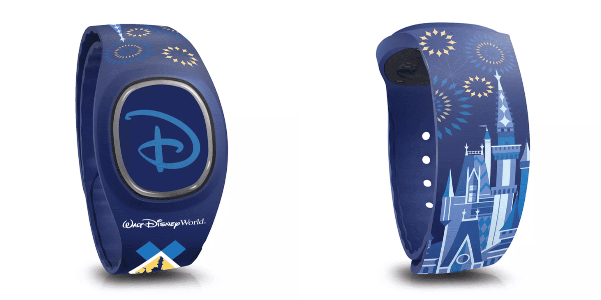 Two blue Disney wristbands featuring vibrant fireworks, detailed castle graphics, and the iconic Walt Disney World logo—an ideal collectible for devoted theme park fans and Disney enthusiasts.