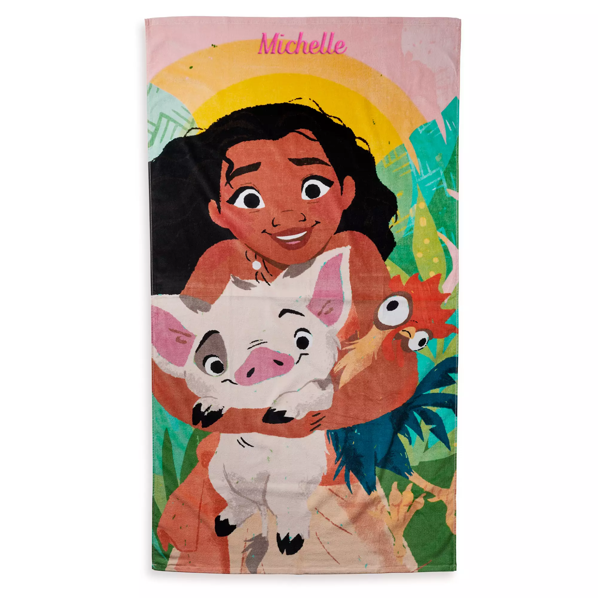 Moana hugs Pua and Hei Hei with “Michelle” above them, all set against a vibrant tropical backdrop—ideal for Disney parks fans and collectors.