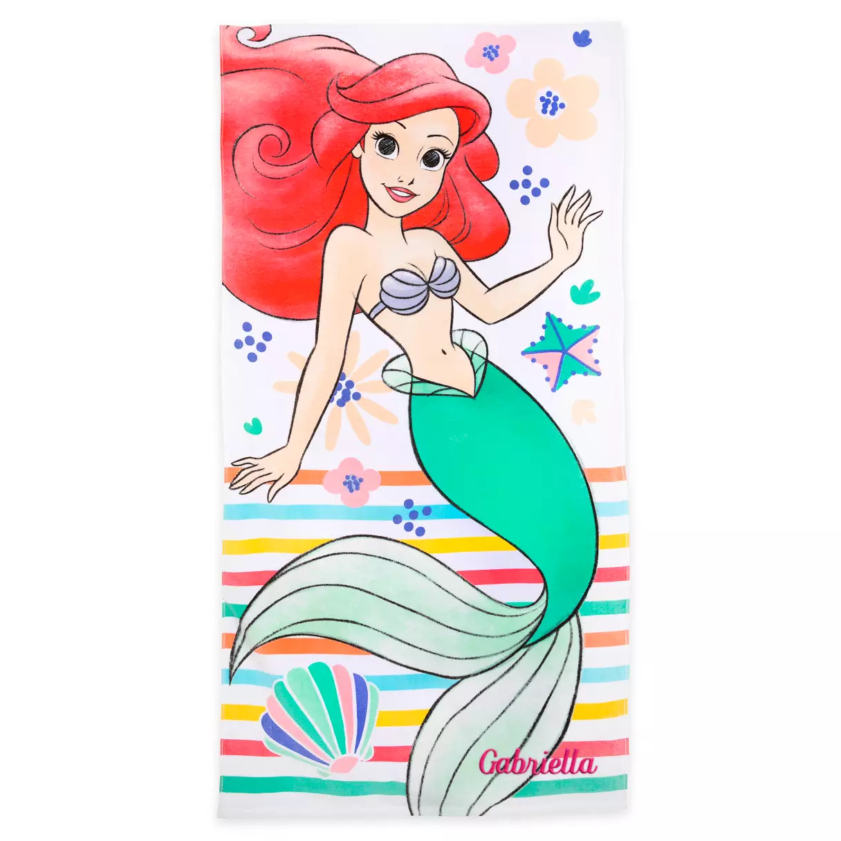 A vibrant Disney mermaid towel featuring Ariel’s iconic red hair, a shimmering green tail, playful stripes, and floral accents. “Gabrietta” is printed at the bottom—an ideal souvenir for Ariel fans visiting Disney Parks or celebrating their love of The Little Mermaid.