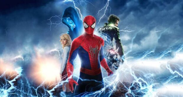 Ad for Spider man 2 showing Electro, the Goblin, Spider man, and Gwen.