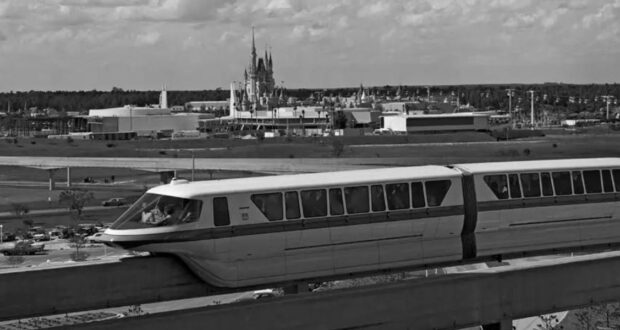 Disney Monorail in black and white
