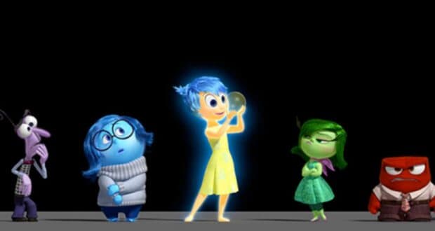 Fear, Sadness, Joy, Disgust, and Anger lined up from Inside Out