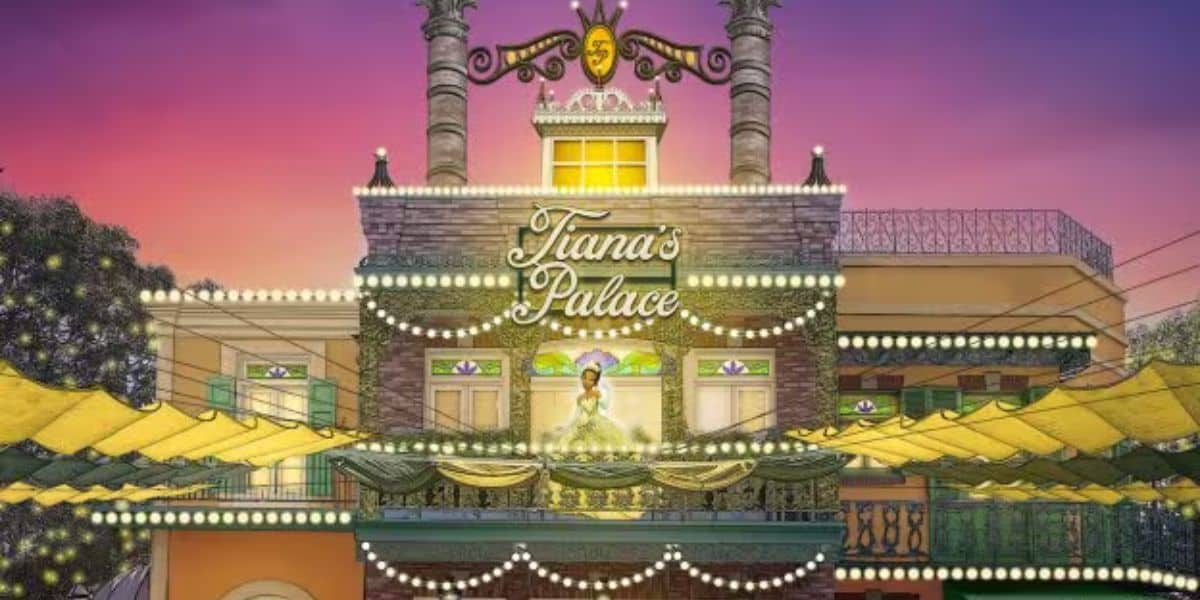 Illustration of Disney Tiana's Palace, a vibrant restaurant with bright lights and ornate details. Tiana stands on the balcony in a green gown, while the sky, a warm gradient from orange to purple, enhances the festive atmosphere.