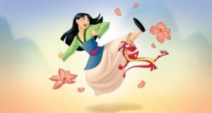 A cartoon woman in traditional attire performs a high kick amid falling pink petals, resembling a Disney Princess in action. A small red dragon joins her, exuding energy against a soft gradient backdrop of blue and orange.
